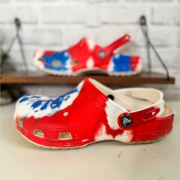 Crocs Classic Tie Dye Red White & Blue, USA, slip on Size 9 - Picture 3 of 6
